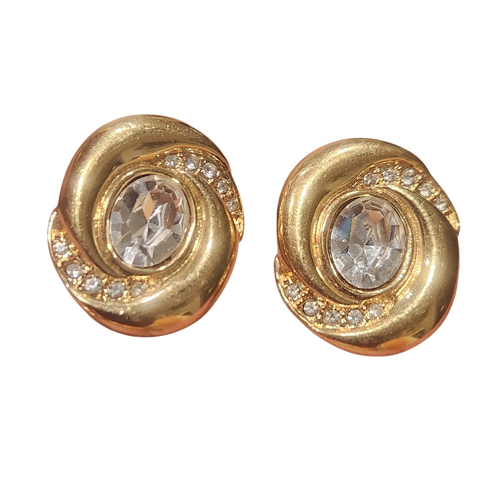 Napier Vintage Gold Tone‎ Swirl Crystal Rhinestone Oval Stud Earrings